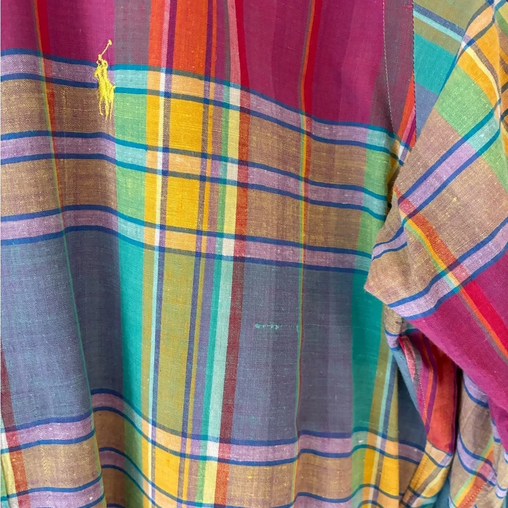 Vintage Ralph Lauren Madras Plaid Long Sleeve Shirt Orange Pink Yellow Blue L - Picture 6 of 7